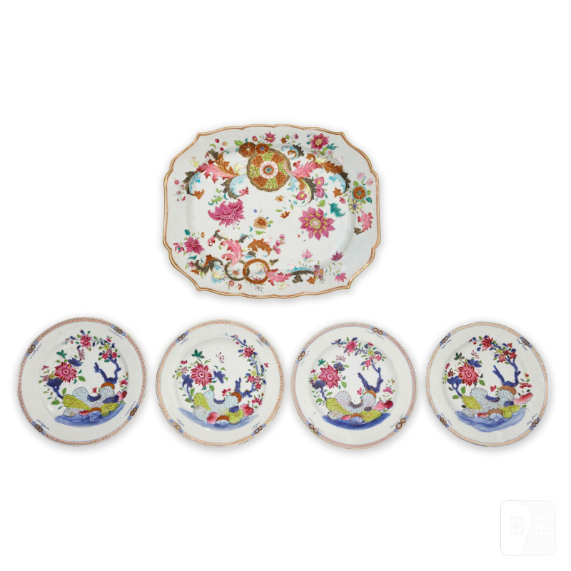 清乾隆 花卉紋盤四件及盌托一件 | FOUR PSEUDO-TOBACCO-LEAF DISHES AND A PSEUDO-TOBACCO-LEAF TUREEN STAND